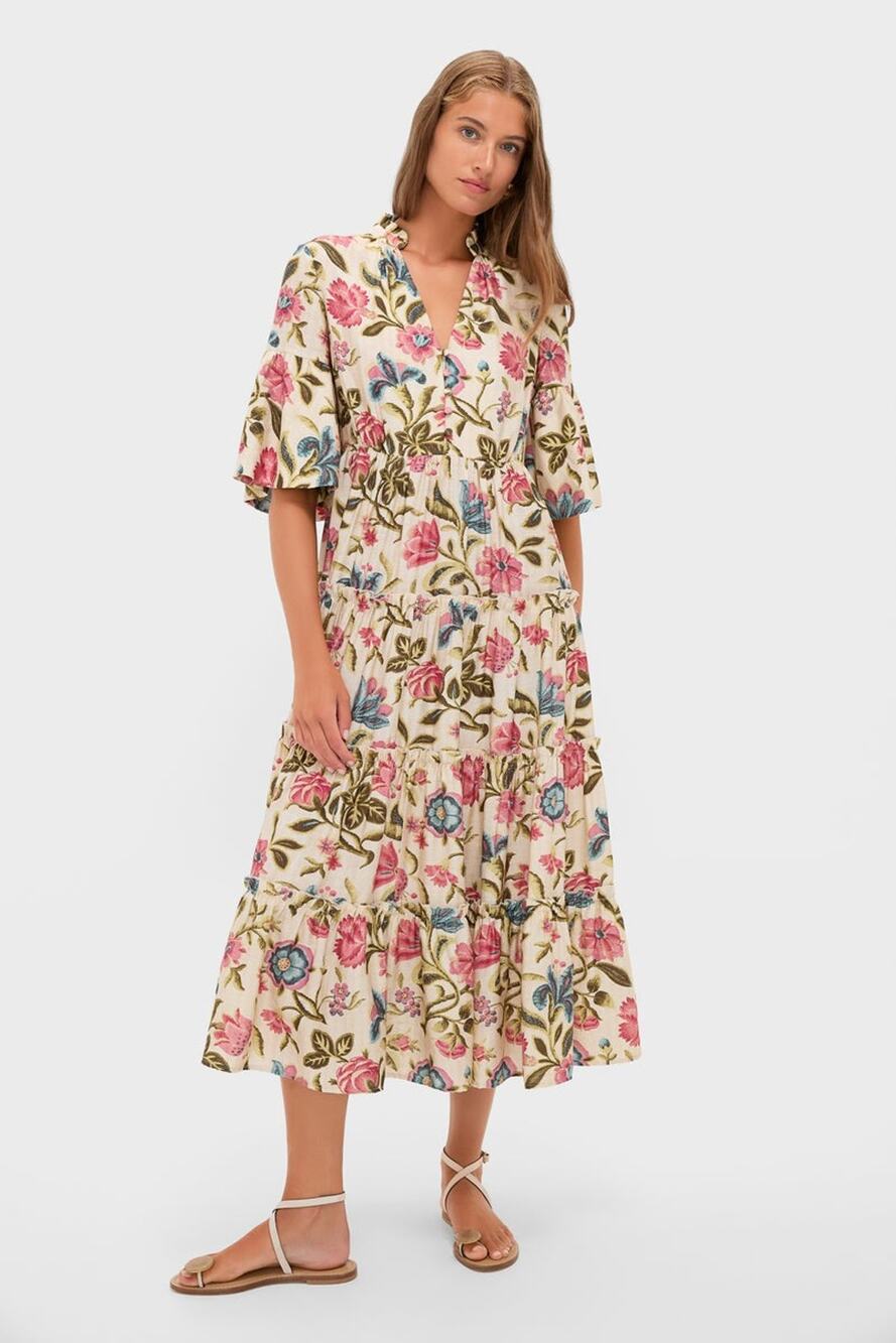 Tuckernuck Dianthus Floral Jenna Bell Sleeves Midi Dress - S